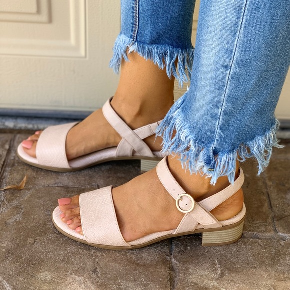 Dr. Scholl's Shoes - Blush Pink Snake Print Kitten Block Heel Sandal